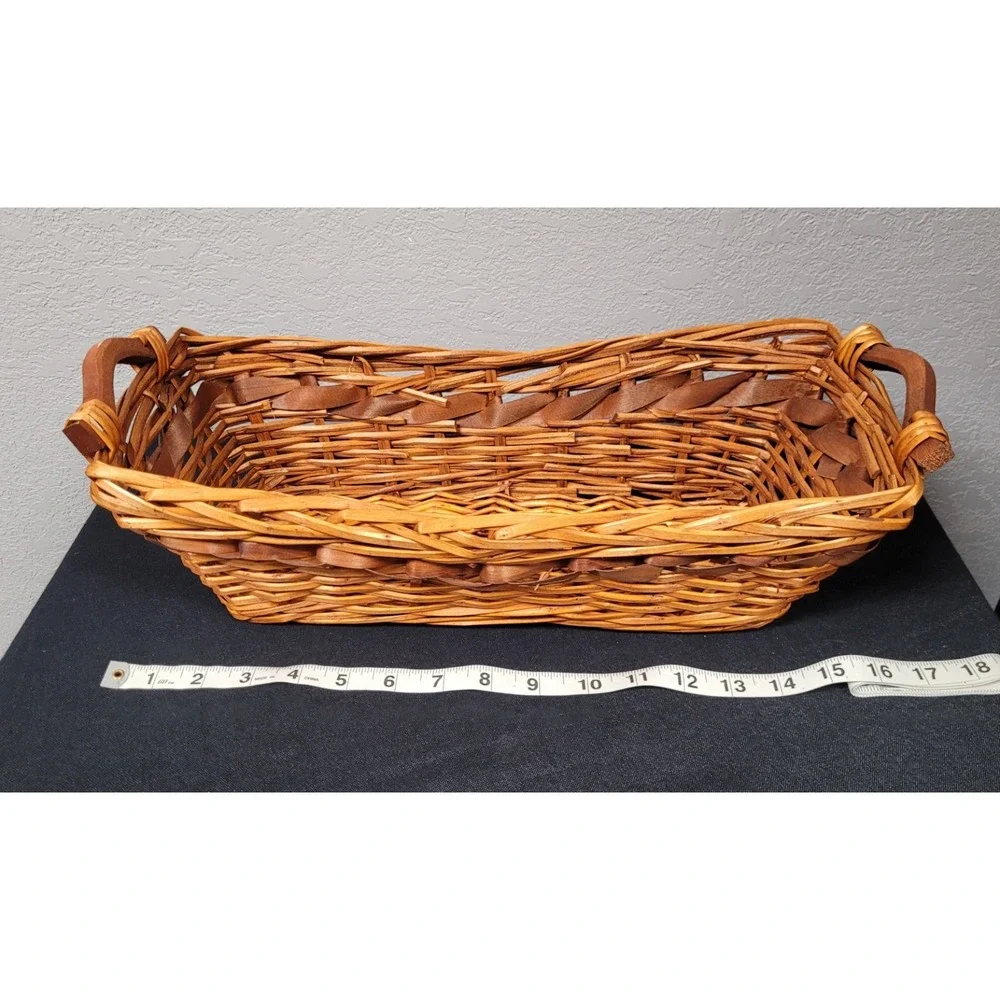 Vintage 1980s Wicker and Chipwood Rectangular Serving Basket with Wood Handles